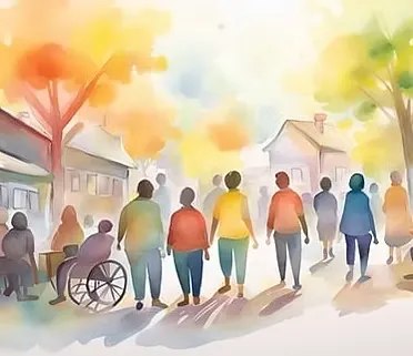 A water color image of a group of people
